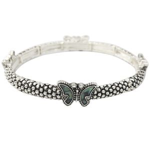 Butterfly Abalone Shell Inlay Silver Tone Stretch Bracelet